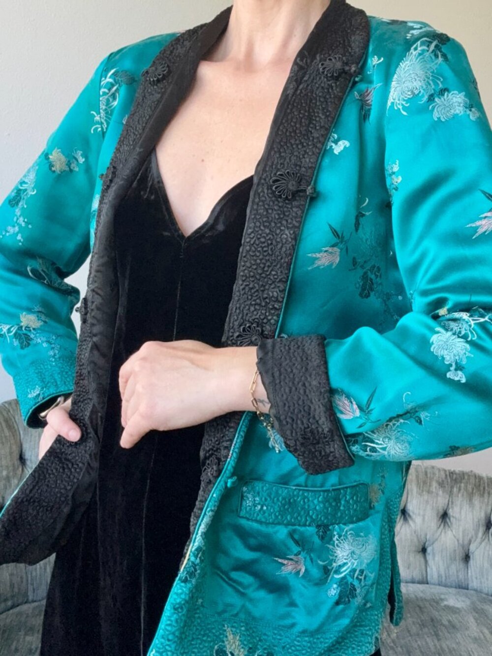 Vintage Reversible Satin Jacket Black Turquoise Oversized Small Embroidered